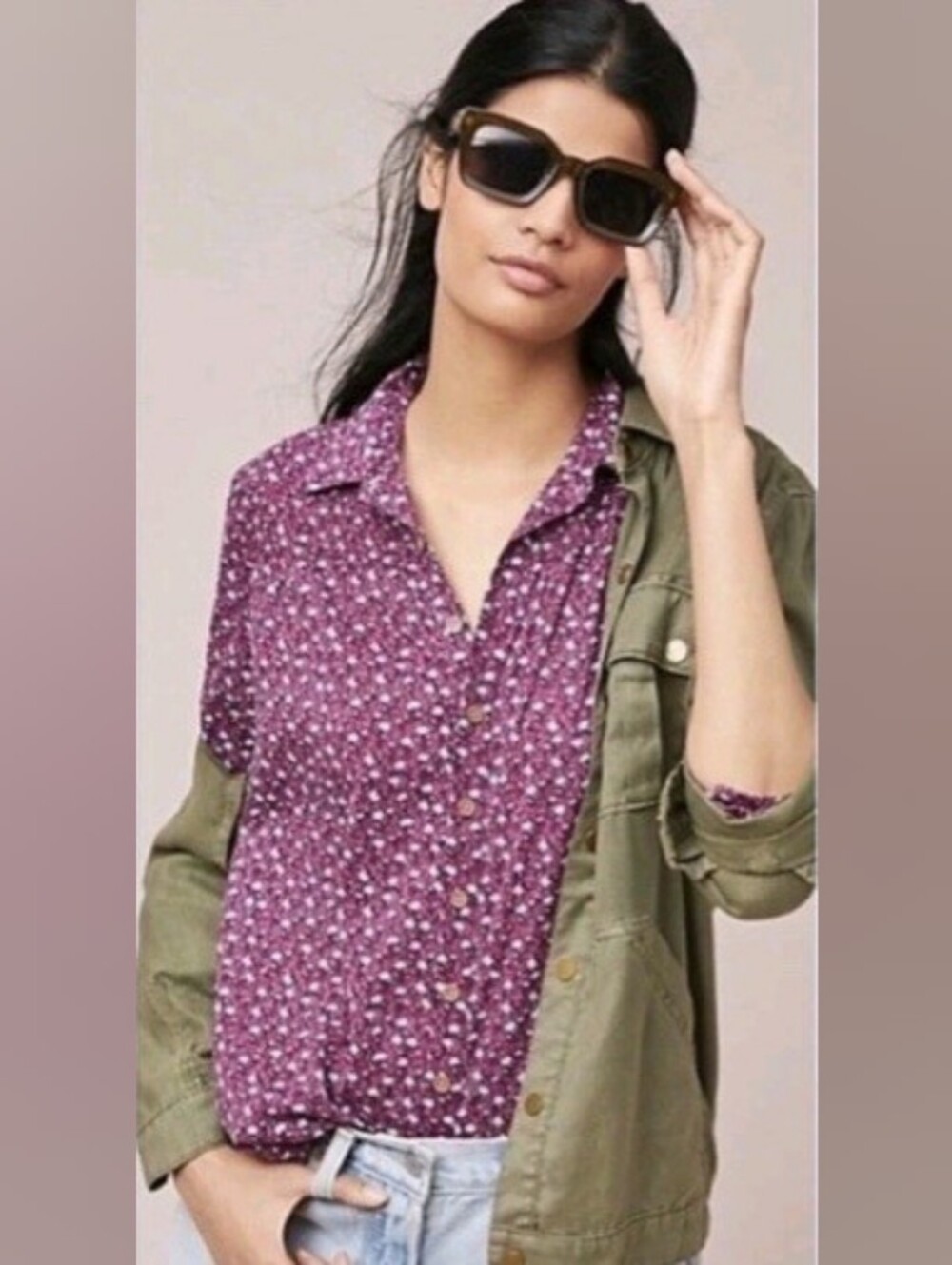 Maeve Anthropologie Burgundy Calico Ditsy Micro Floral Button-Down Shirt Sz 12